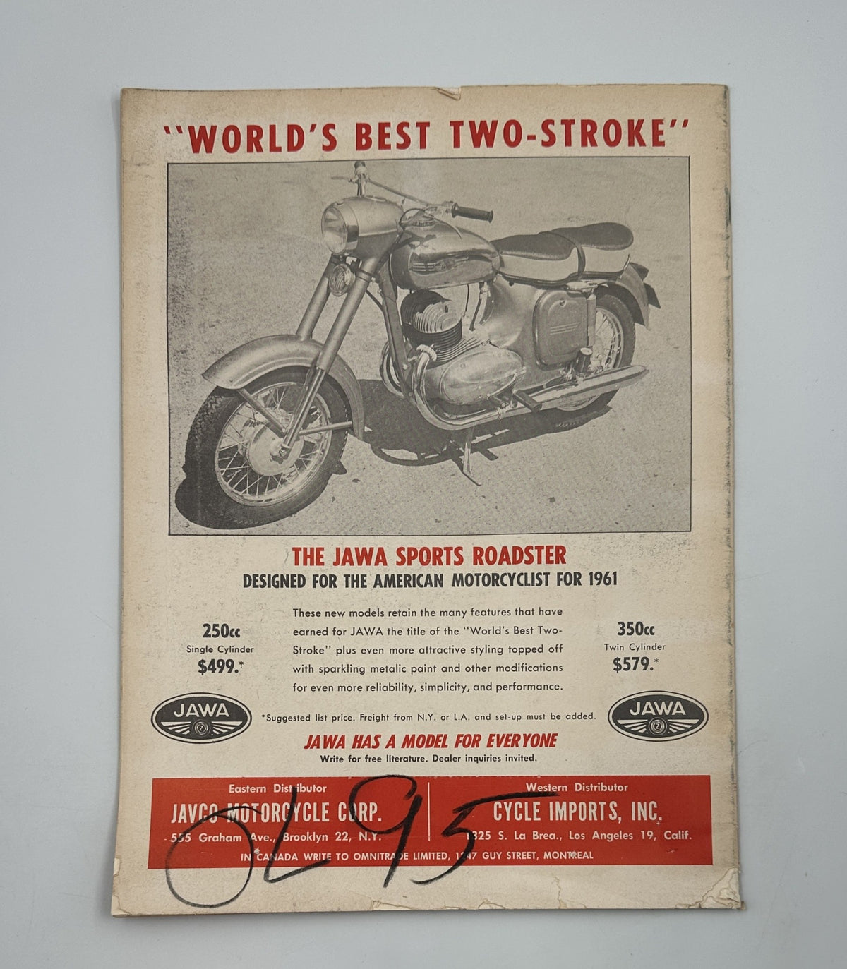 Back cover of Cycle Magazine December 1960 highlighting the JAWA Sports Roadster advertisement, describing its features alongside pricing information.