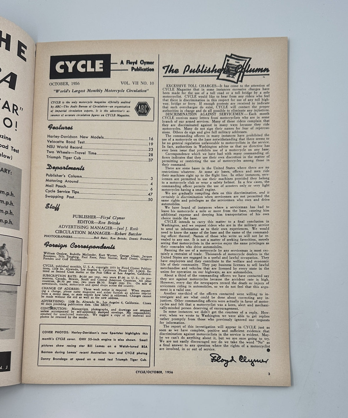 Inside page of Cycle Magazine October 1956 showing the Publisher's Column and content details.