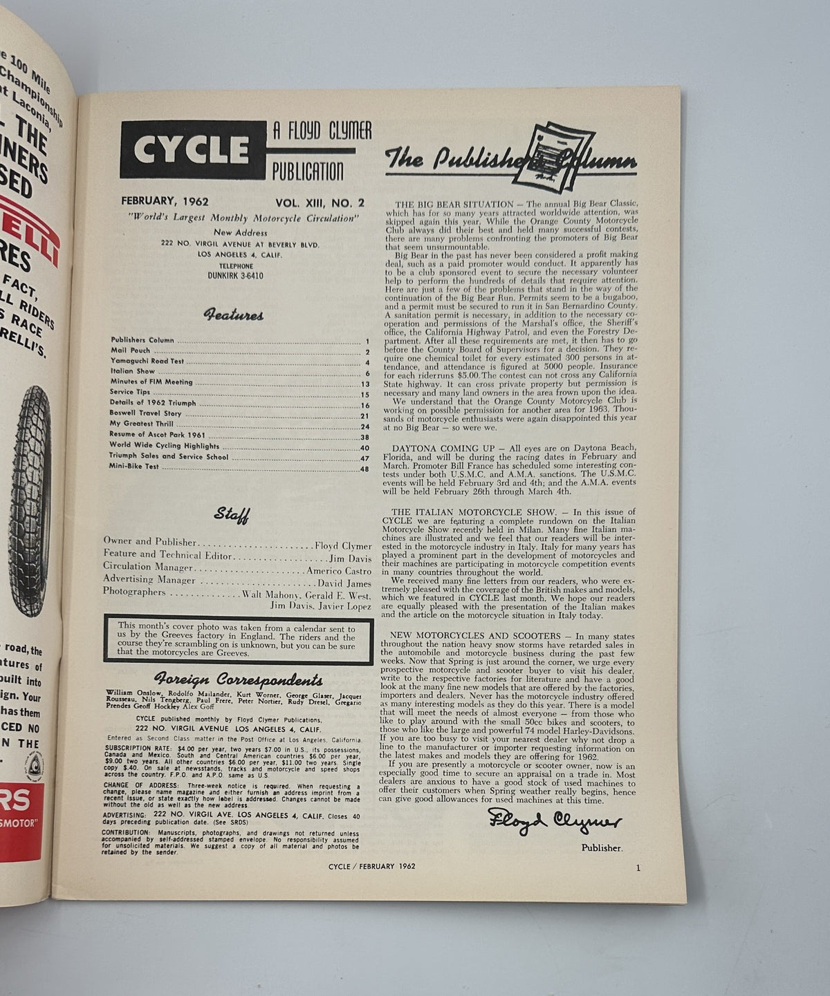 Inside page of Cycle Magazine February 1962 with publication details and table of contents including features like Yamaguchi Road Test, Italian Motorcycle Show, and Mini-Bike Test.