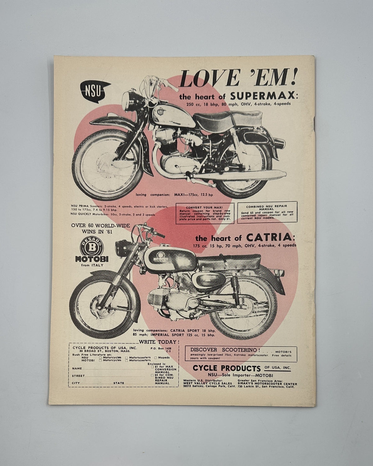 Cycle Magazine February 1962 cover featuring vintage motorcycle ads, including NSU Supermax and Catria, highlighting unique specifications and features.