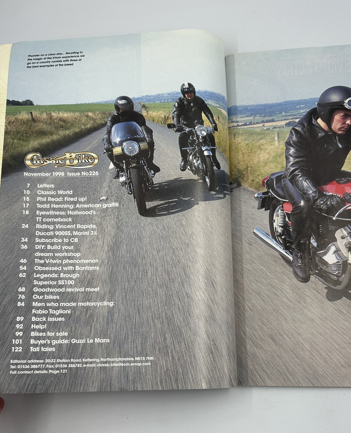Inside view of Classic Bike Magazine November 1998 showcasing content list. The page highlights various motorcycle articles including classic models and features with a scenic backdrop of riders on motorcycles.