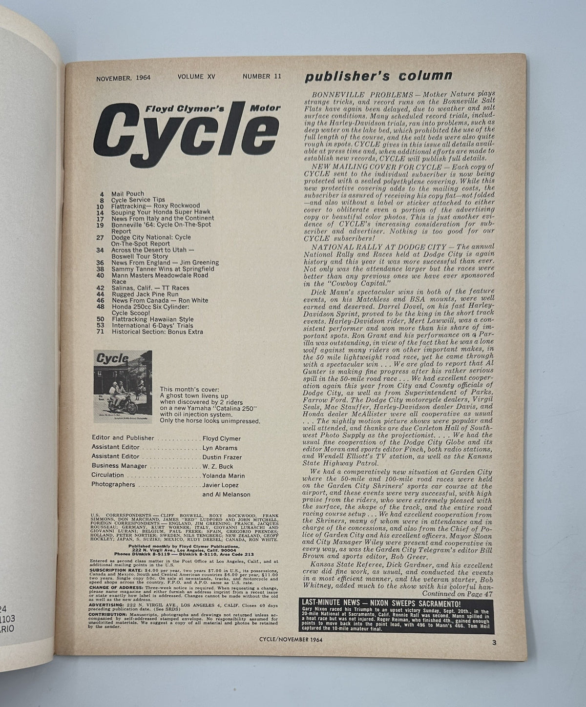 Cycle Magazine November 1964 publisher's column featuring Bonneville Speed Trials and Honda Super Hawk. This page includes the Table of Contents for the issue, showcasing various motorcycle topics and articles.