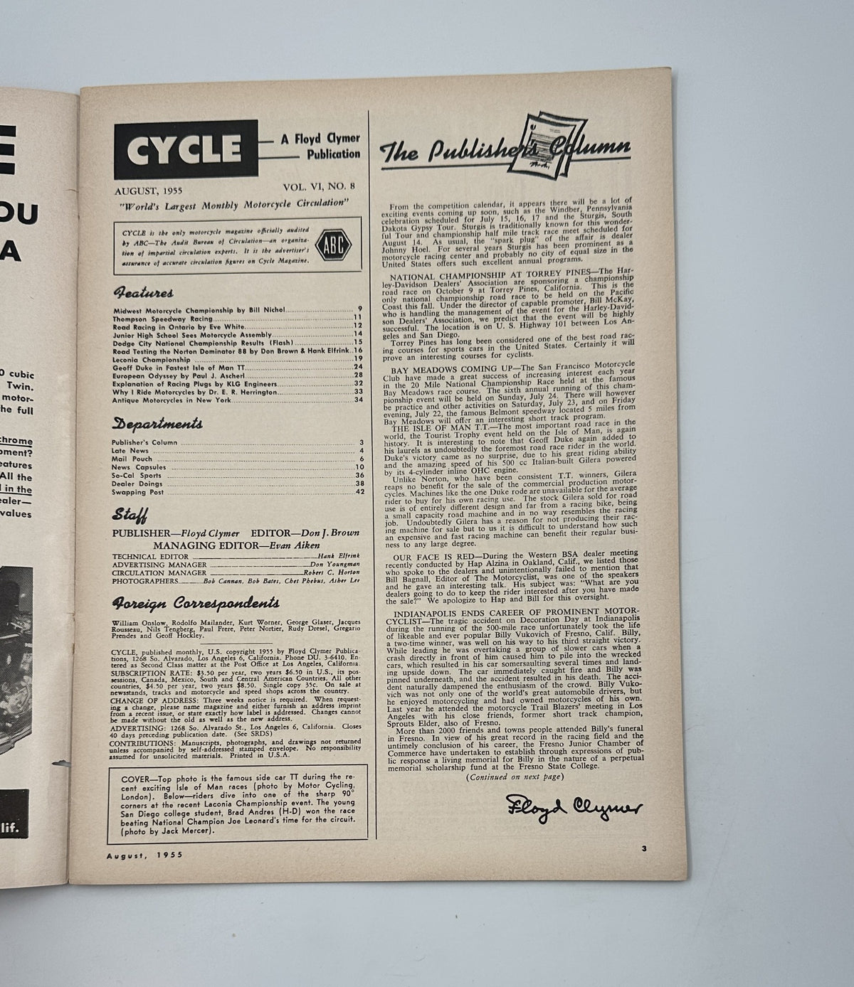 Inside page of Cycle Magazine August 1955 with the Publisher's Column, featuring a summary of the magazine's content and editorial notes.