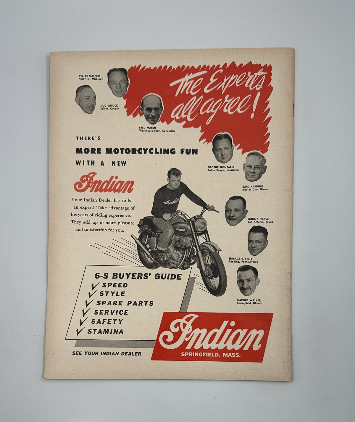 Advertisement page from Cycle Magazine August 1955 promoting Indian motorcycles, showcasing the brand's features and service advantages for motorcyclists.