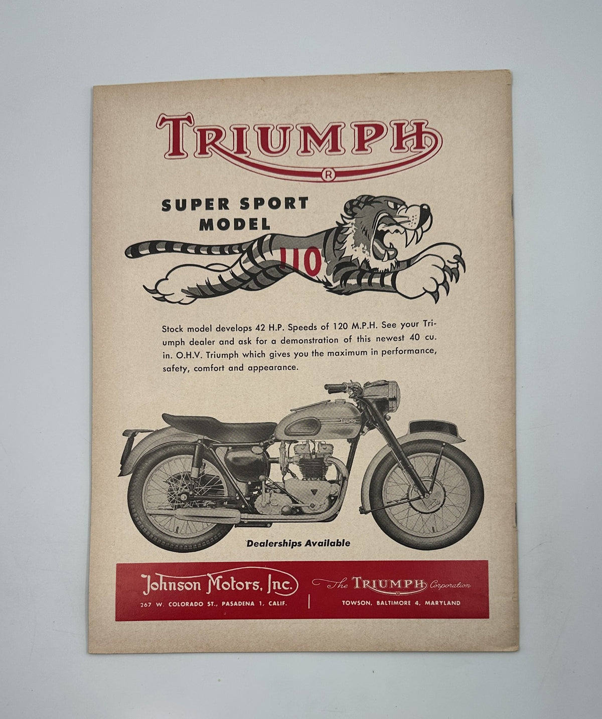 Back cover of Cycle Magazine June 1954 promoting the Triumph Super Sport Model 110 with dealer information and vintage motorcycle illustration.