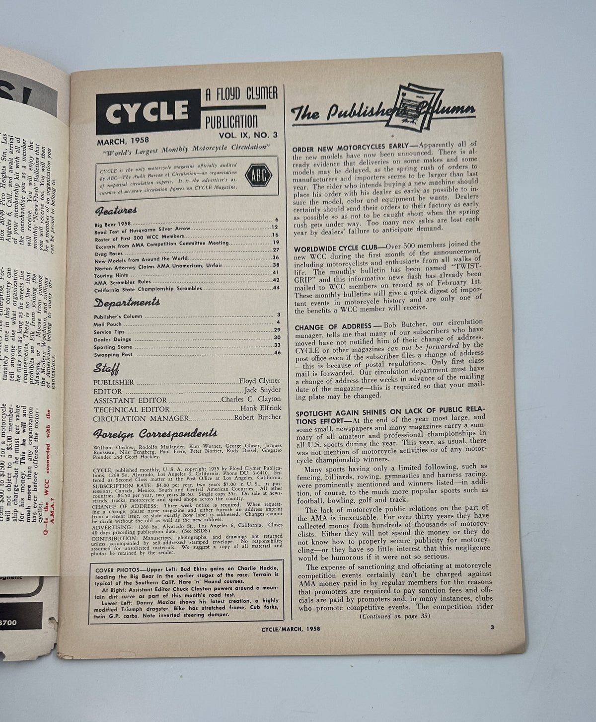 Interior page of Cycle Magazine March 1958 highlighting the publication details and features, including contents related to Big Bear Husqvarna Silver Arrow A.M.A. Races.