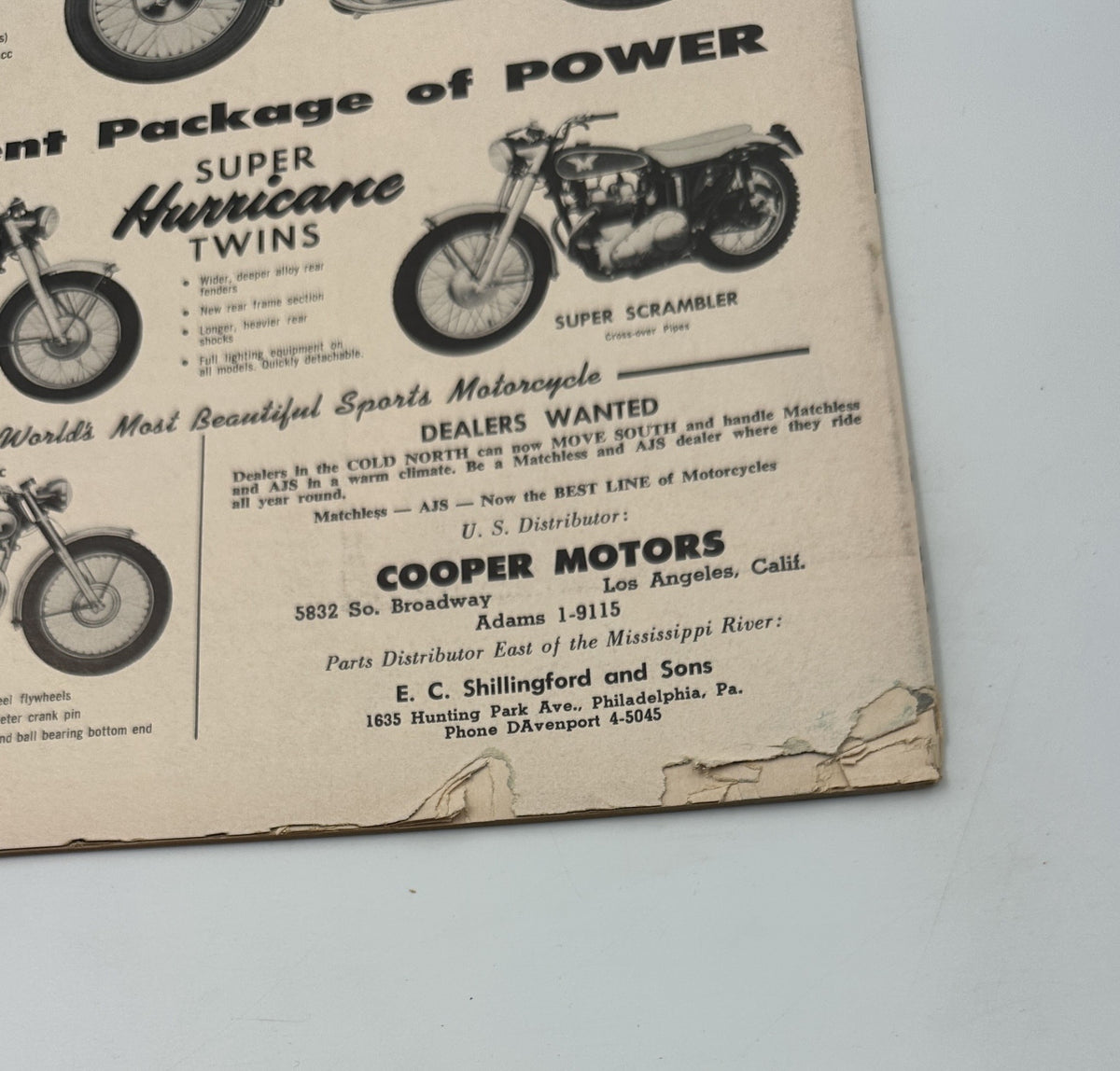 Back cover of Cycle Magazine March 1958 offering motorcycle advertisements, including mentions of Super Hurricane Twins, relevant to the era of A.M.A. Races featured inside.
