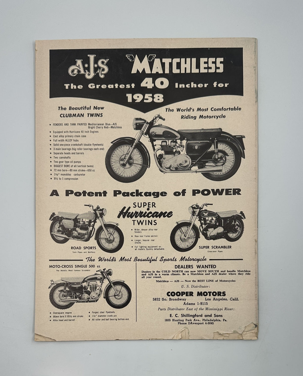 Promotional page from Cycle Magazine March 1958 showcasing AJS Matchless motorcycles, highlighting features relevant to the Big Bear Husqvarna Silver Arrow A.M.A. Races.