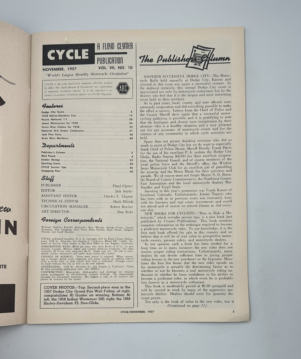 Inside page of Cycle Magazine November 1957 displaying the publisher's information and features of the magazine.