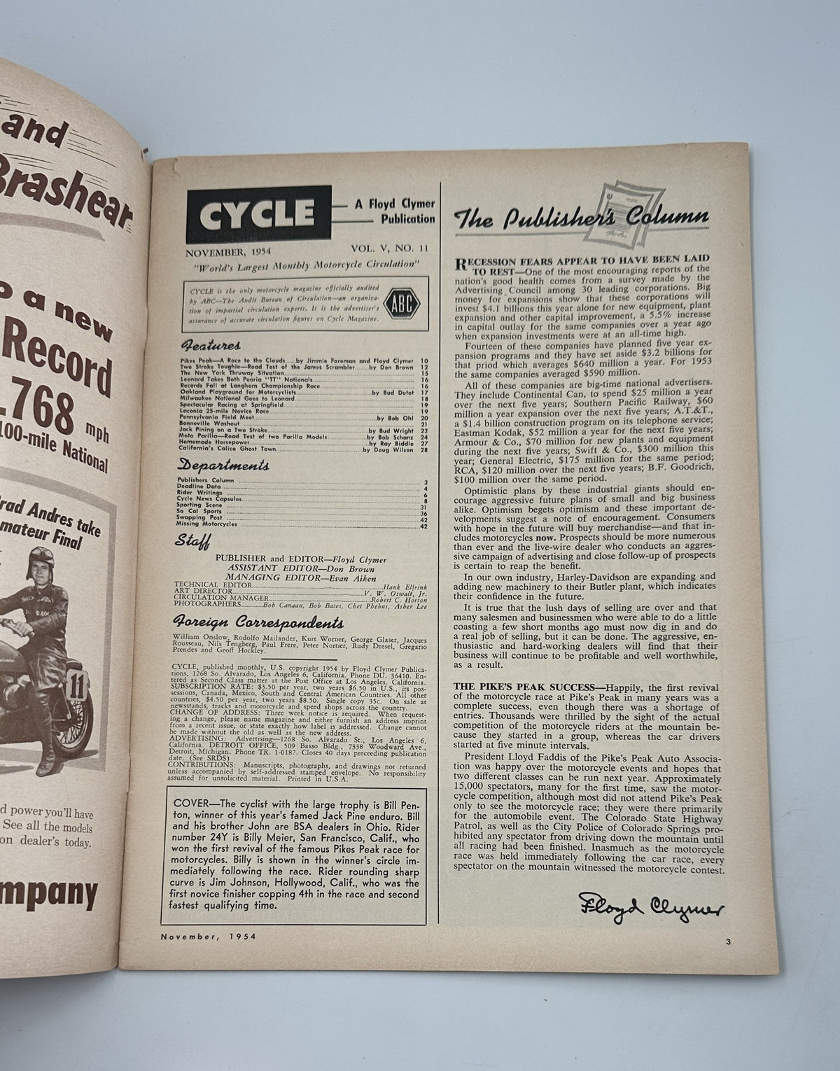 Inside page of Cycle Magazine November 1954, showcasing the Publisher's Column, reflecting the magazine's focus on motorcycle culture and industry news.