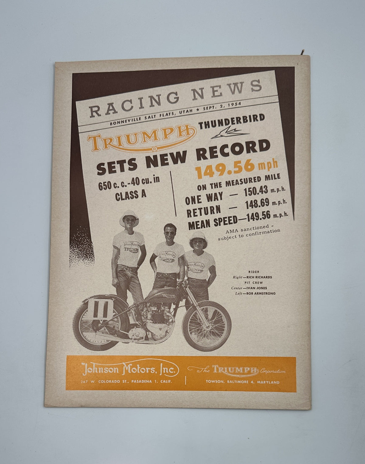 Cycle Magazine November 1954 cover featuring Pikes Peak, Bill Meier, Jack Pine, and Penton with an article highlight on racing news and Triumph Thunderbird record.