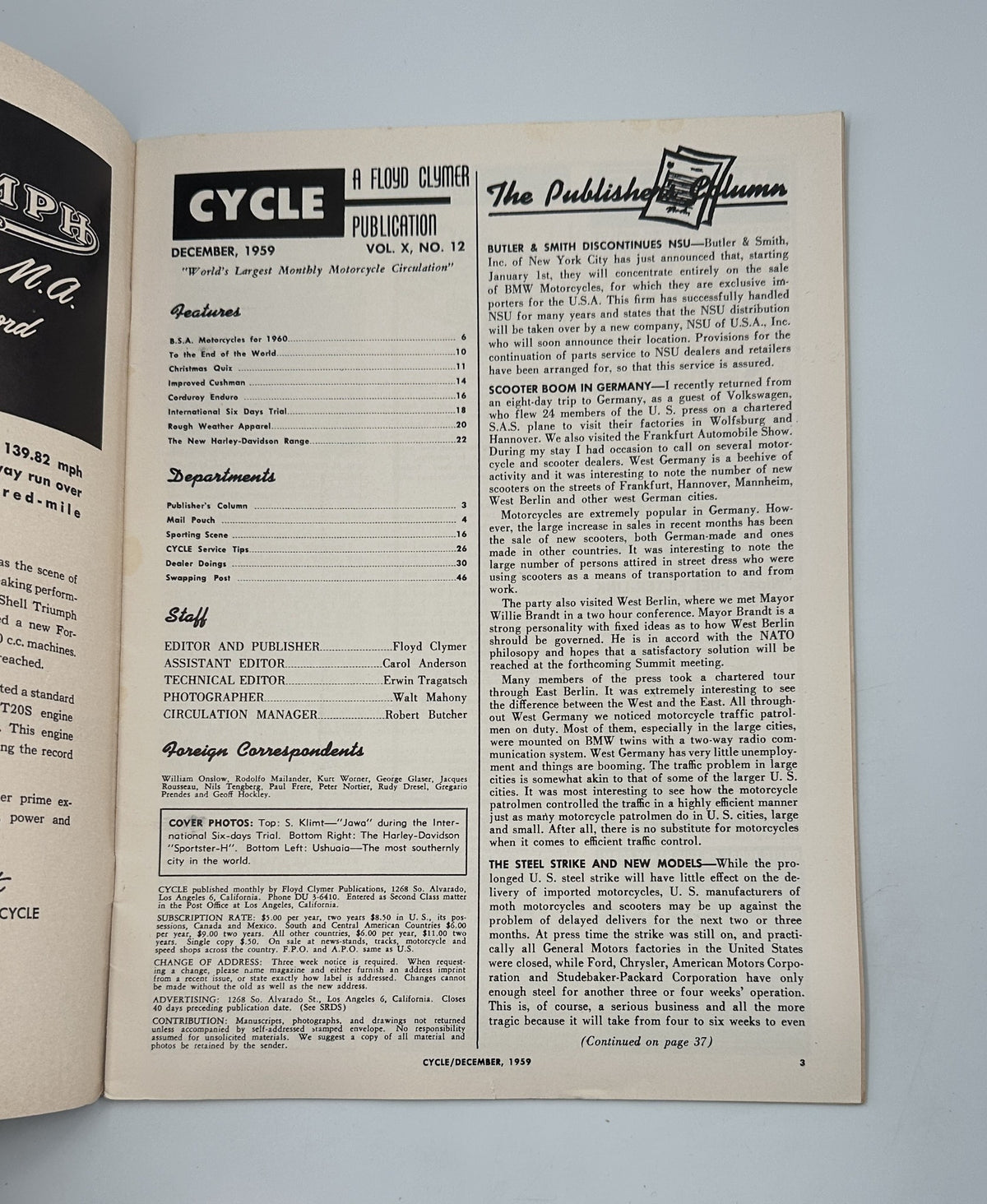 Inside page of Cycle Magazine December 1959, detailing features and columns including content on BSA motorcycles, sport scenes, and Cycle service tips, part of the classic motorcycle publication.