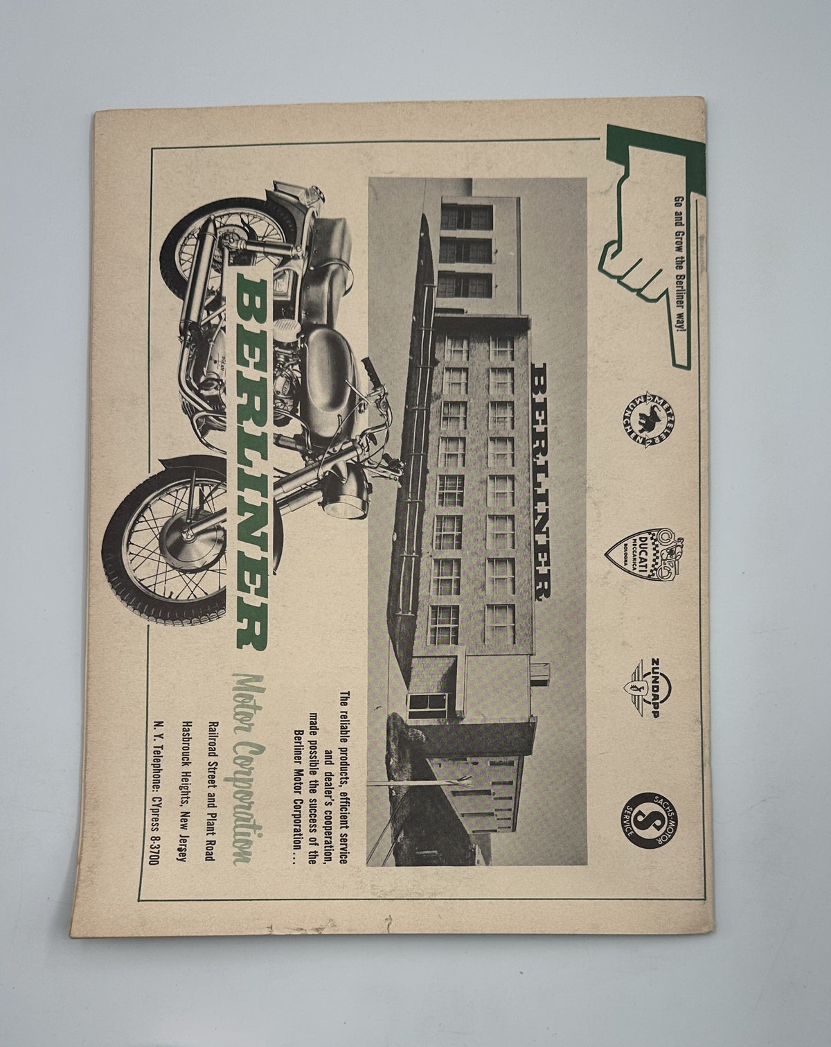 Back cover of Cycle Magazine December 1959 depicting Berliner Motor Corporation advertisement featuring classic motorcycles, highlighting the magazine's focus on motorcycle culture and history.