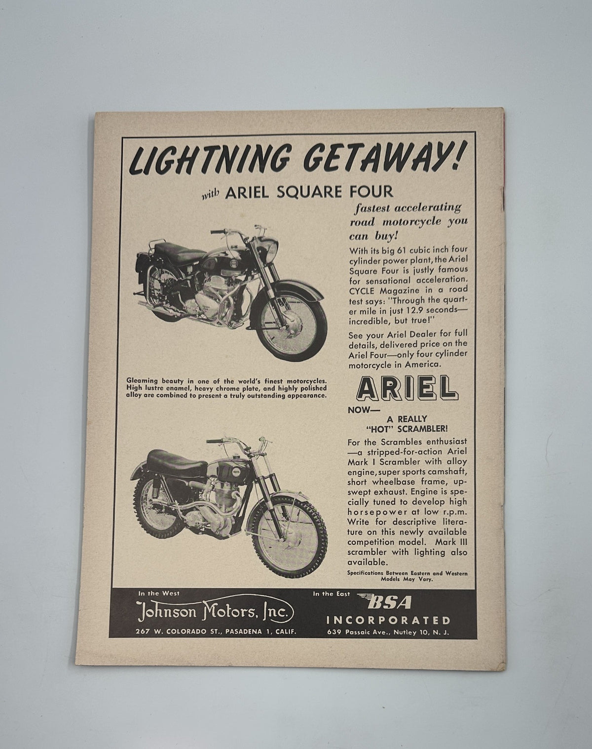 Advertisement from Cycle Magazine September 1957 promoting the Ariel Square Four motorcycle with the tagline 'Lightning Getaway!'
