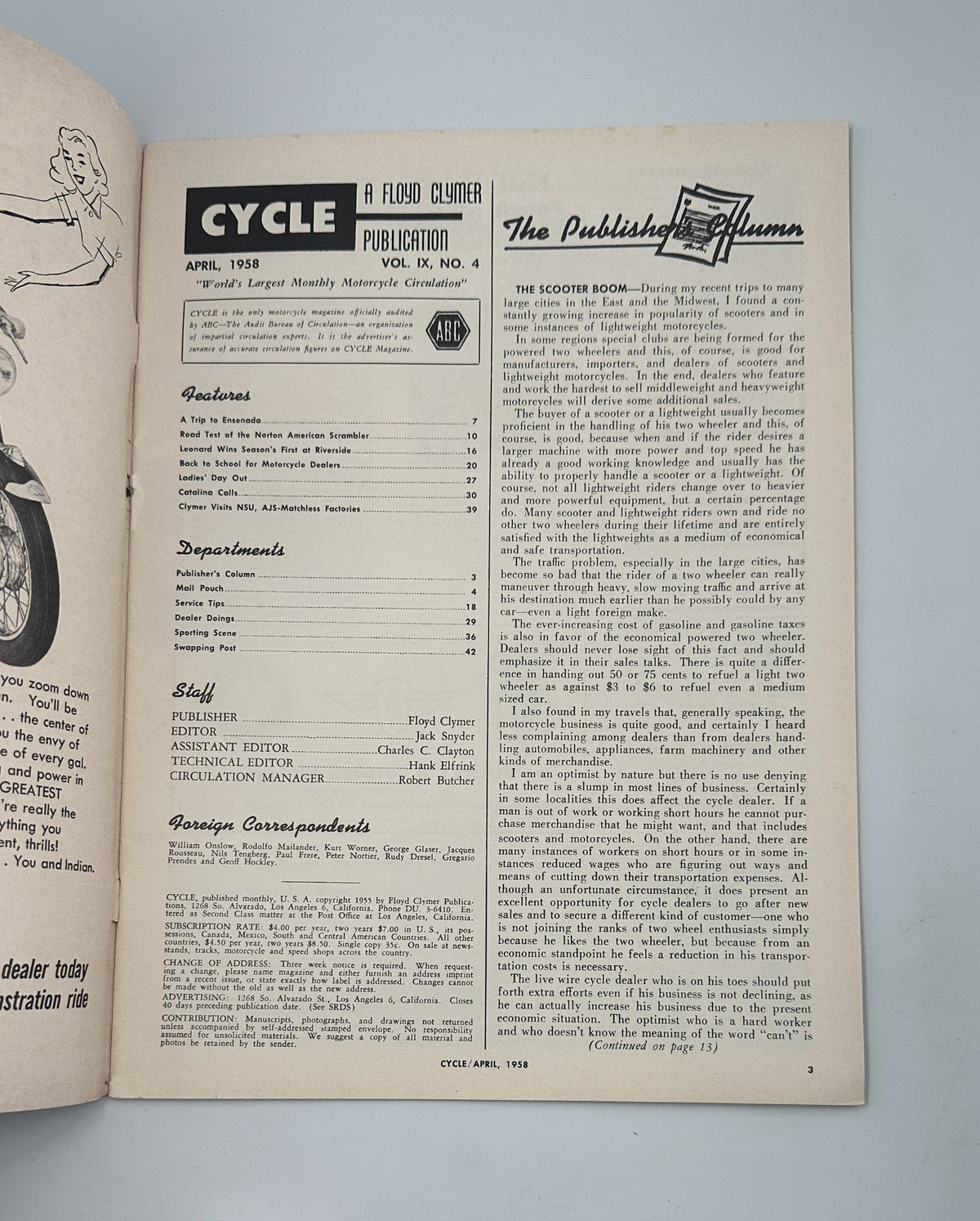 Inside page of Cycle Magazine April 1958 displaying the table of contents and publisher's note, including features on the Norton American Scrambler and motorcycle events