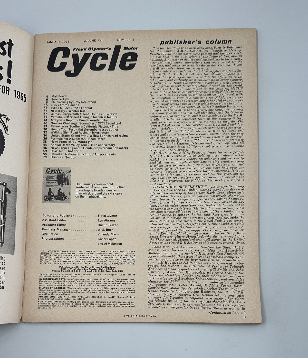 Inside page of Cycle Magazine January 1965 displaying the Table of Contents and publisher's column, providing an overview of featured articles.
