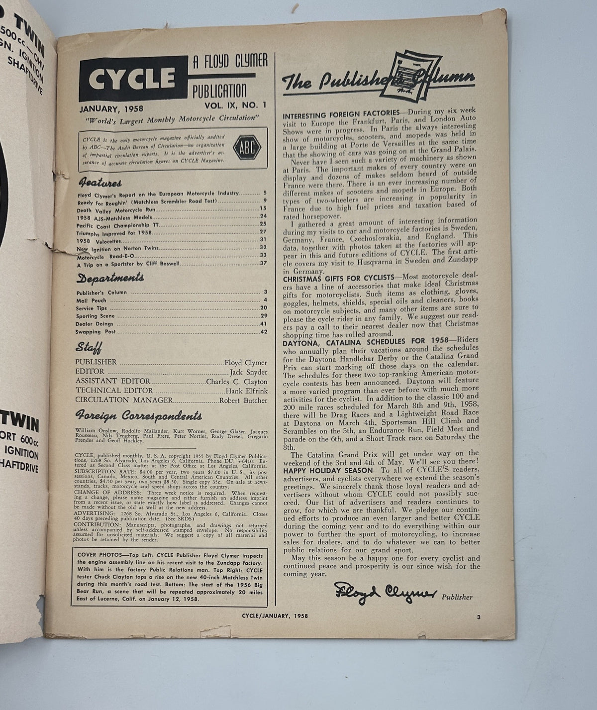 Inside page of Cycle Magazine January 1958 listing the table of contents, edited by Floyd Clymer, including articles about motorcycle tests and events.