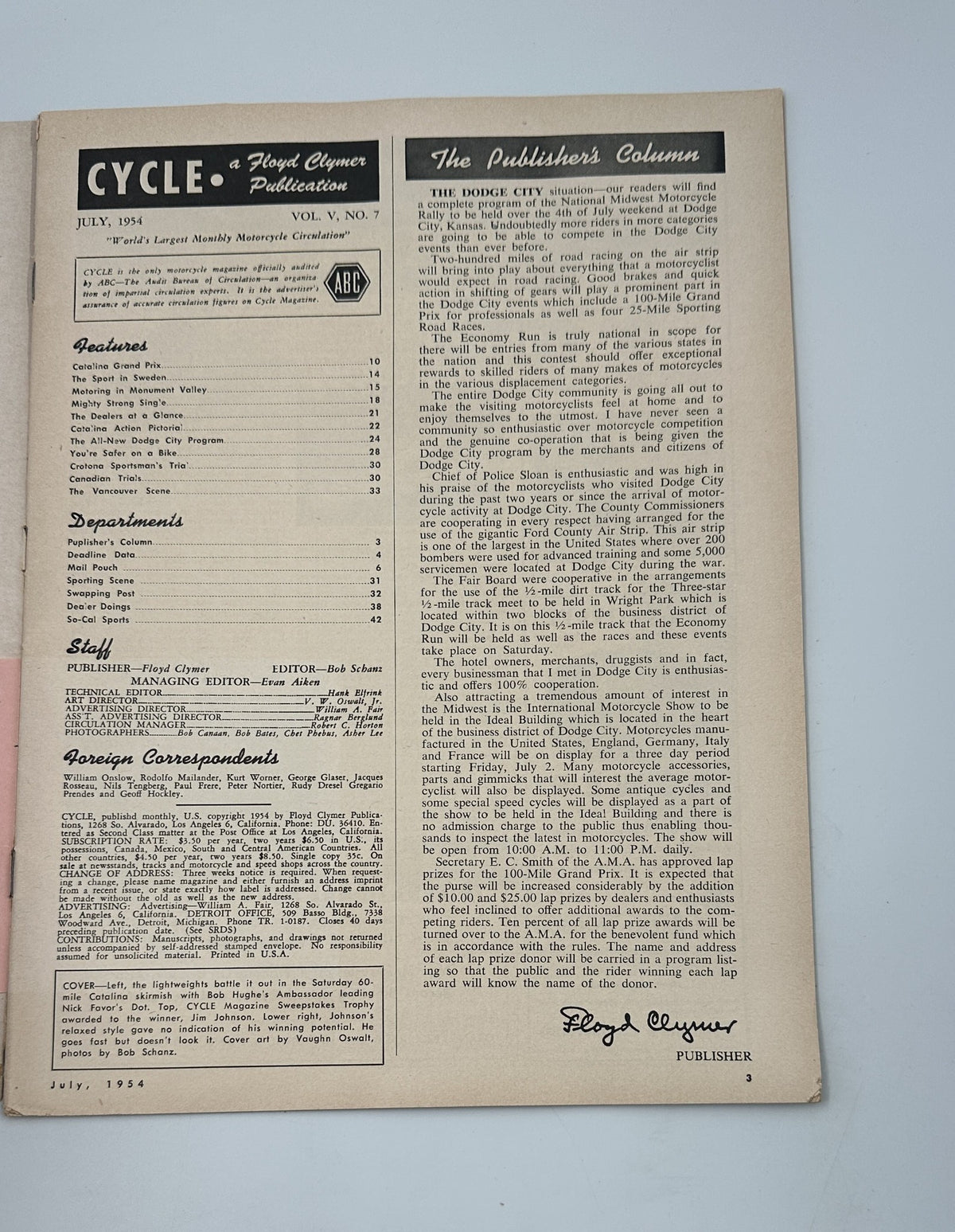 Inside page of Cycle Magazine July 1954, including the Publisher's Column and an overview of contents from the Catalina Grand Prix issue.