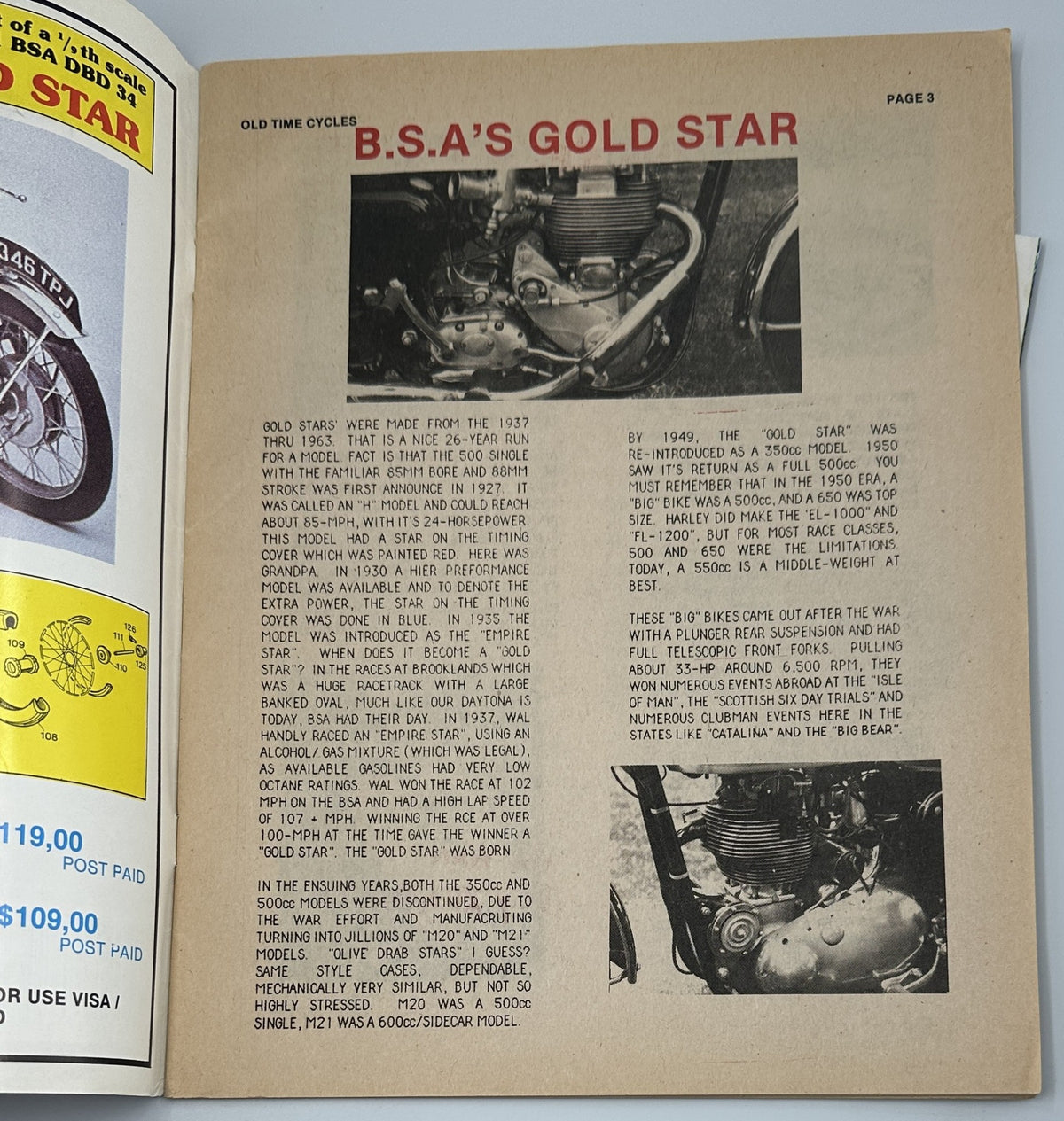 Page 3 of Old Time Cycles Magazine April 1986 details BSA Gold Star motorcycles, highlighting their history and specifications.