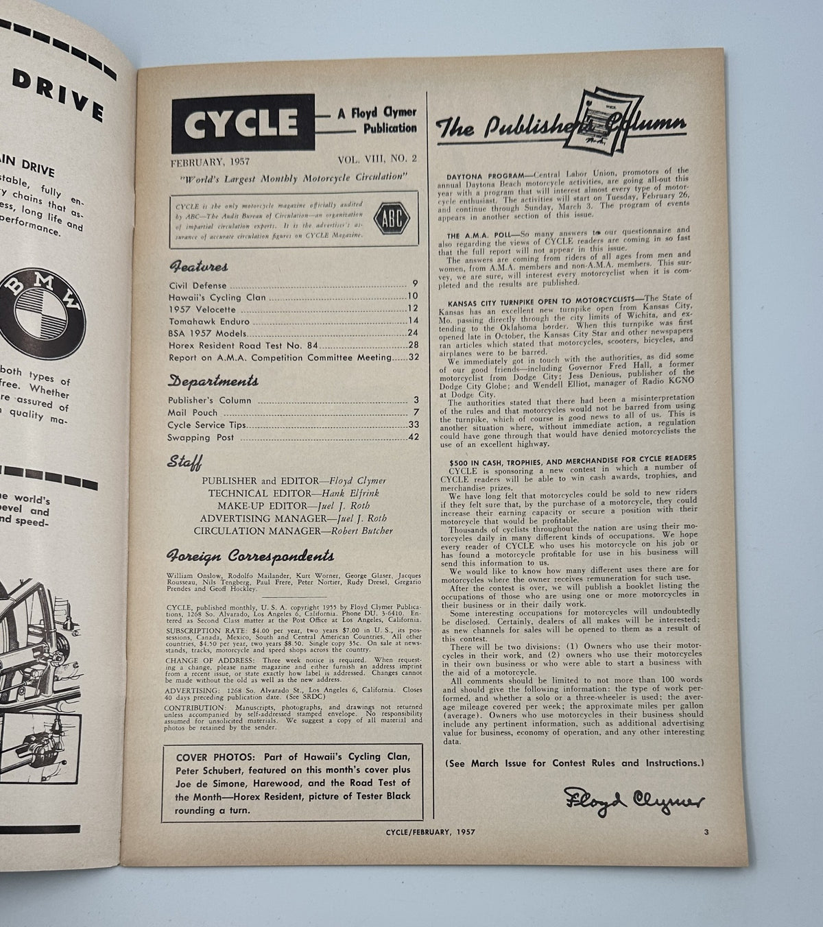 Cycle Magazine February 1957 internal page detailing features and departments, highlighting the magazine's content including cycling tips and publisher's column.