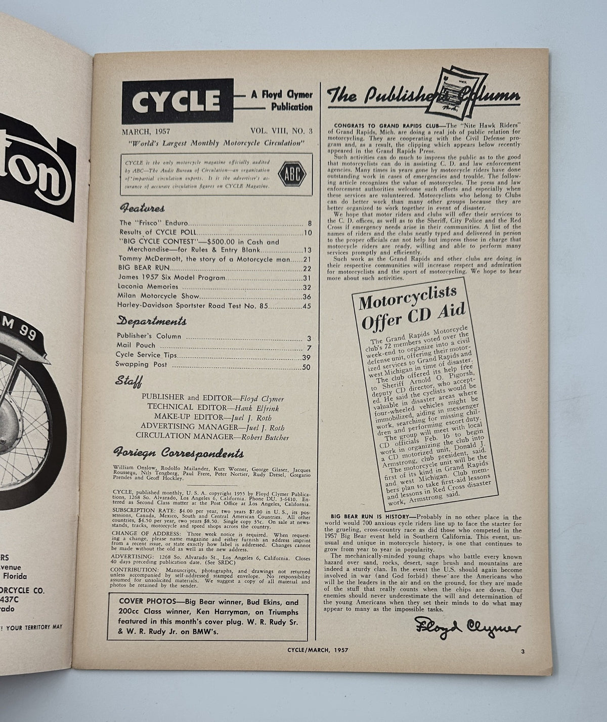 Inside page of Cycle Magazine March 1957 Big Bear Issue showcasing the publisher's column and advertisements relevant to the motorcycle industry.