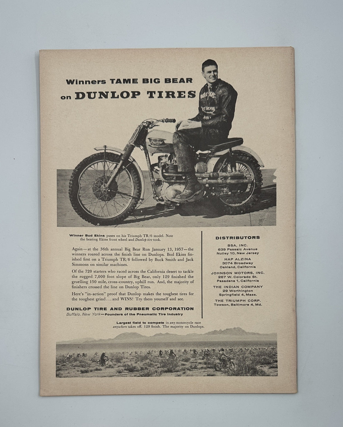 Back cover of Cycle Magazine March 1957 Big Bear Issue promoting Dunlop Tires with an image of a motorcycle and rider.