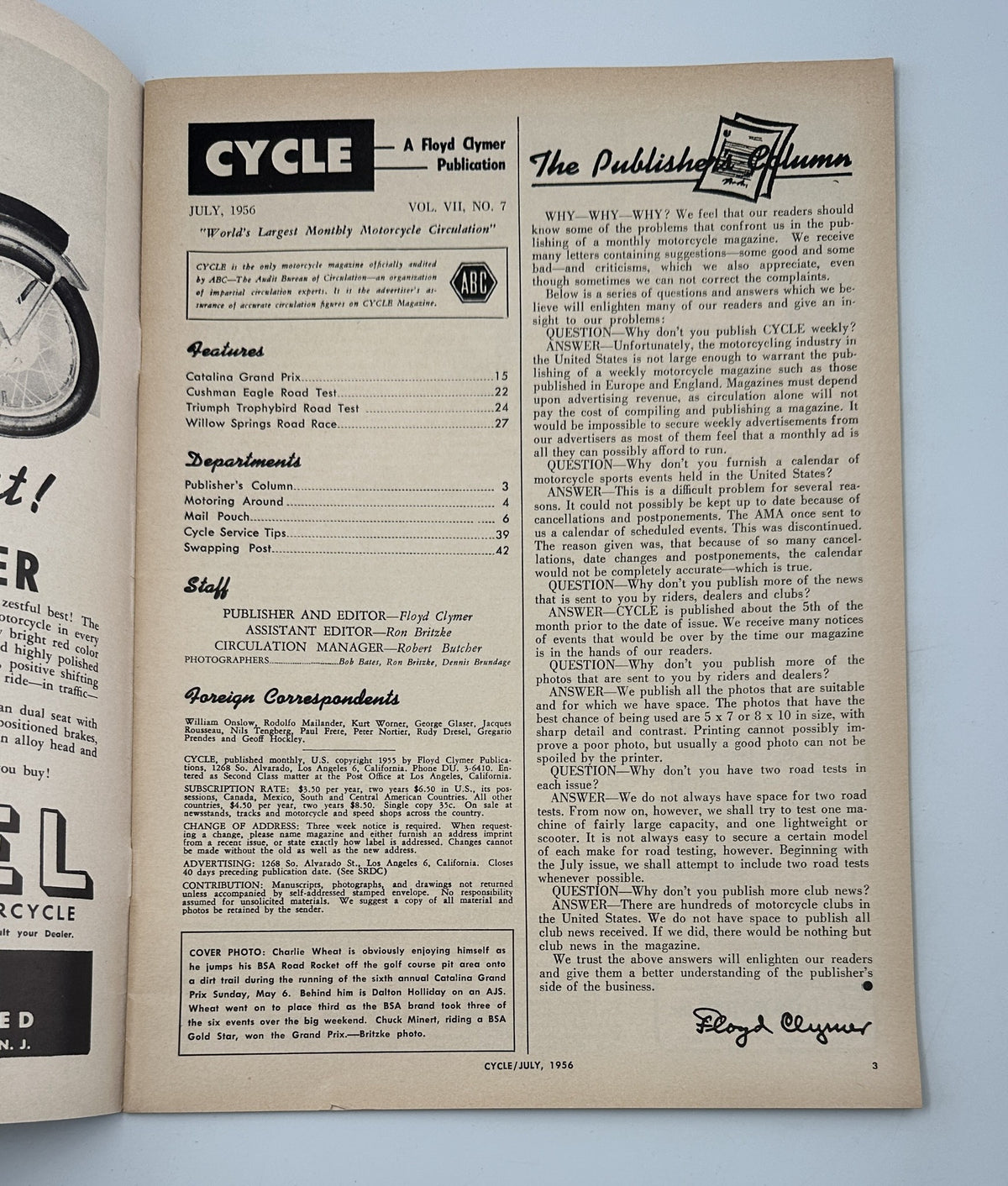 Inside page of Cycle Magazine from July 1956, showcasing the contents, including features like the Catalina Grand Prix and Cushman Eagle Road Test.