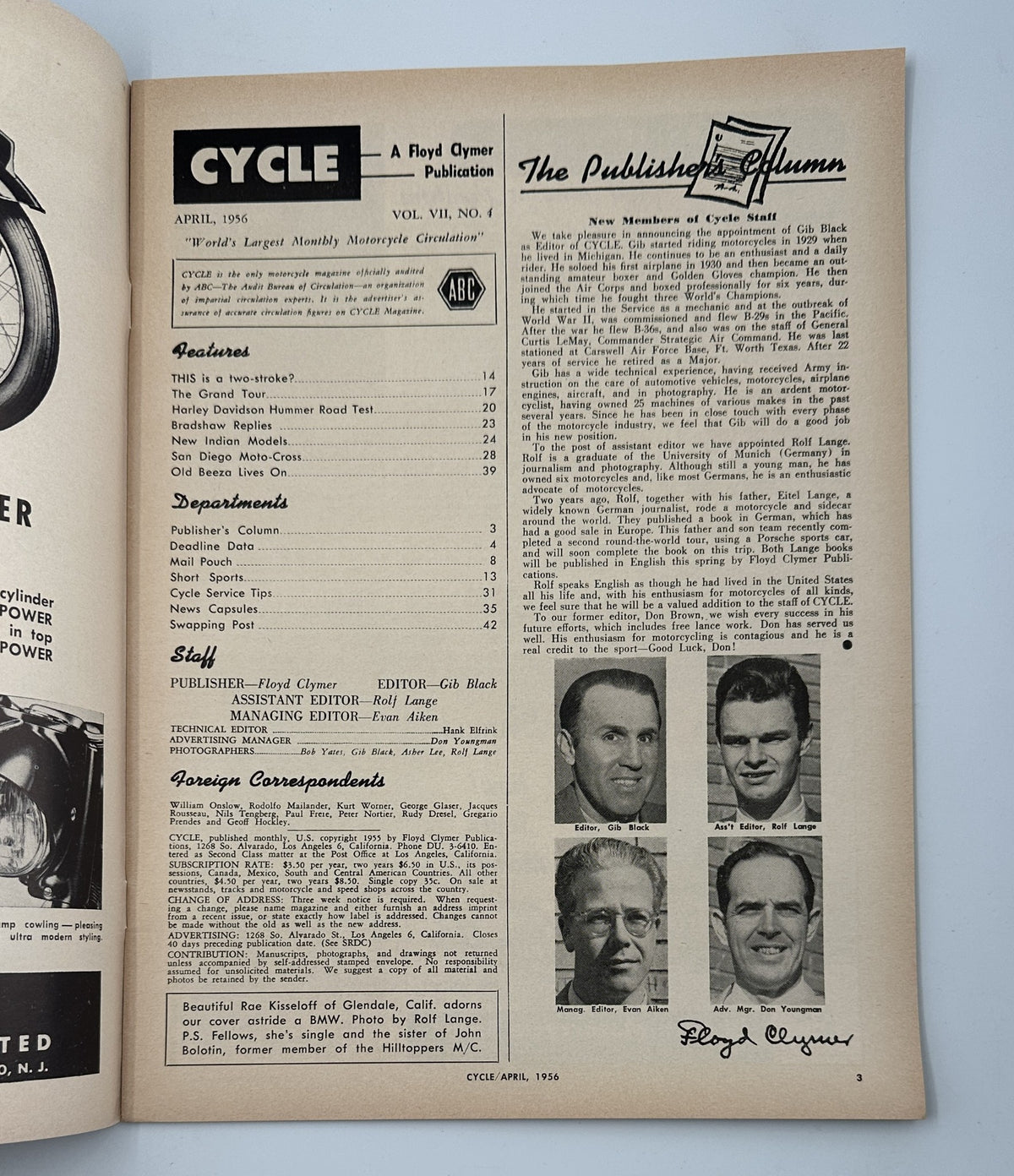 Inside page of Cycle Magazine April 1956, including editorial information and a section titled 'Publisher's Column' with photographs of staff members.
