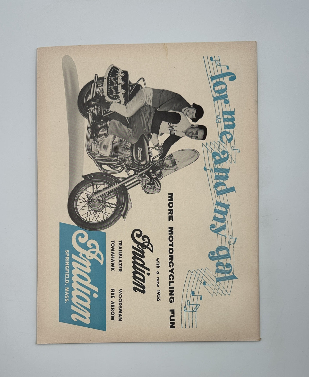 Cycle Magazine April 1956 featuring a Harley Davidson Hummer Road Test and Indian Models, showcasing vibrant cover art with musical notes and two riders on a motorcycle, in very good condition.