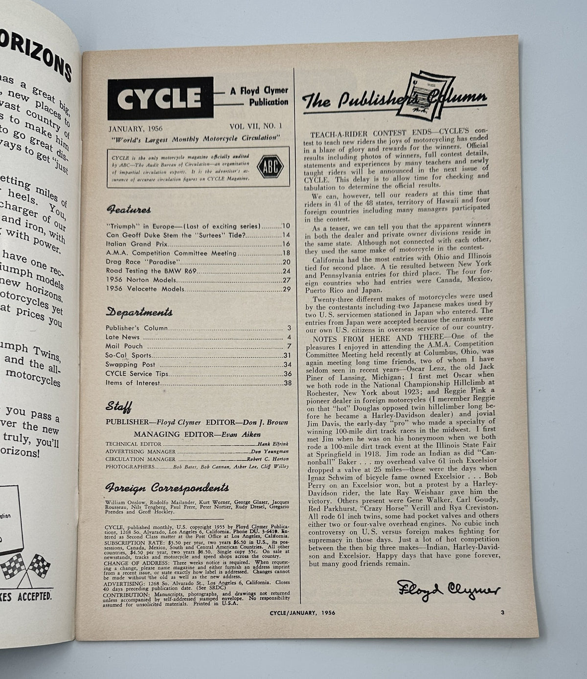 Inside page of Cycle Magazine January 1956 showcasing the table of contents, including features and departments, with a focus on the BMW R-69 road test.