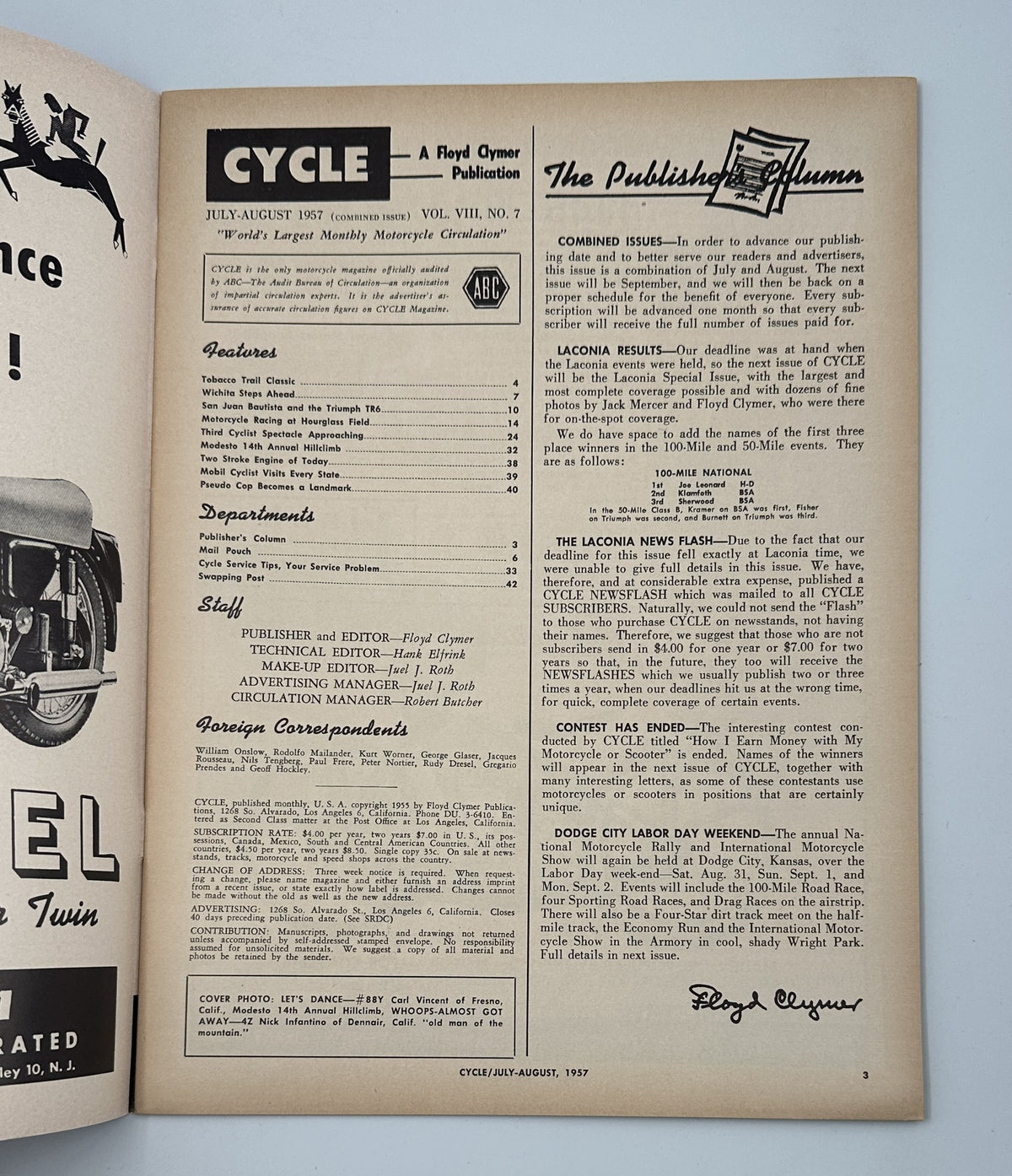 Cycle Magazine July 1957 Laconia Championship Hillclimb Racing, featuring the publisher's column and important motorcycle racing content.