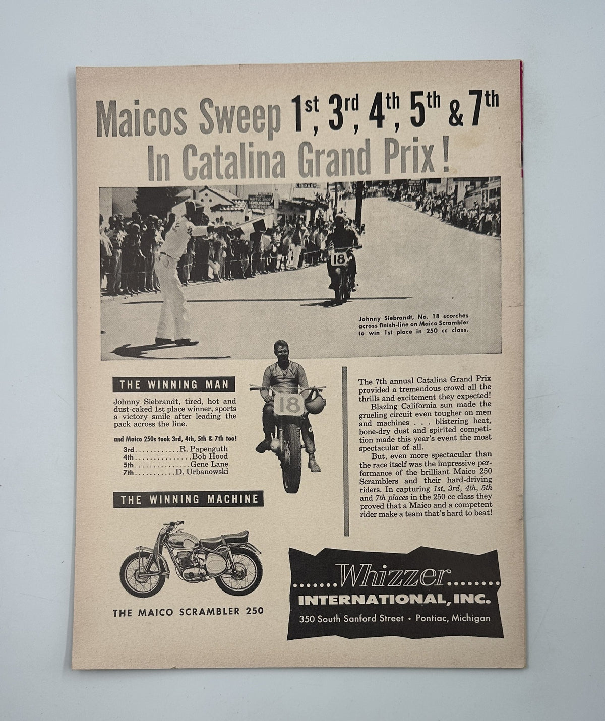 Cycle Magazine July 1957, highlighting Maicos Sweep at the Catalina Grand Prix with a photo of Johnny Stewart and the Maico Scrambler 250.