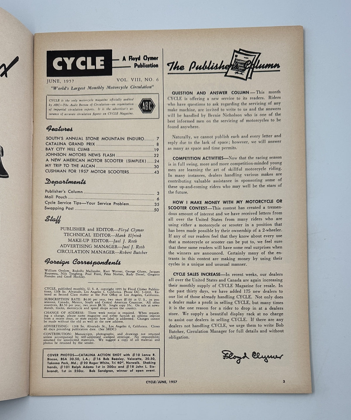 Cycle Magazine June 1957 editorial page, titled 'The Publisher's Column,' discussing insights on motorcycle activities and news for readers, part of the Special Catalina Issue.