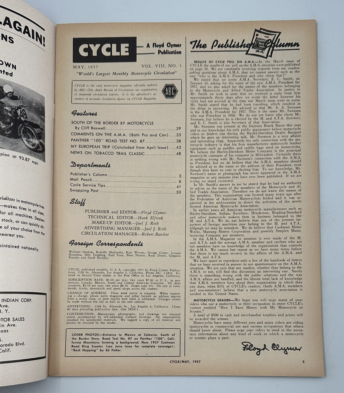 Inside page of Cycle Magazine May 1957 displaying the Table of Contents and publication details. Features the section 'South of the Border by Motorcycle' and 'Road Test No. 87' as key highlights.