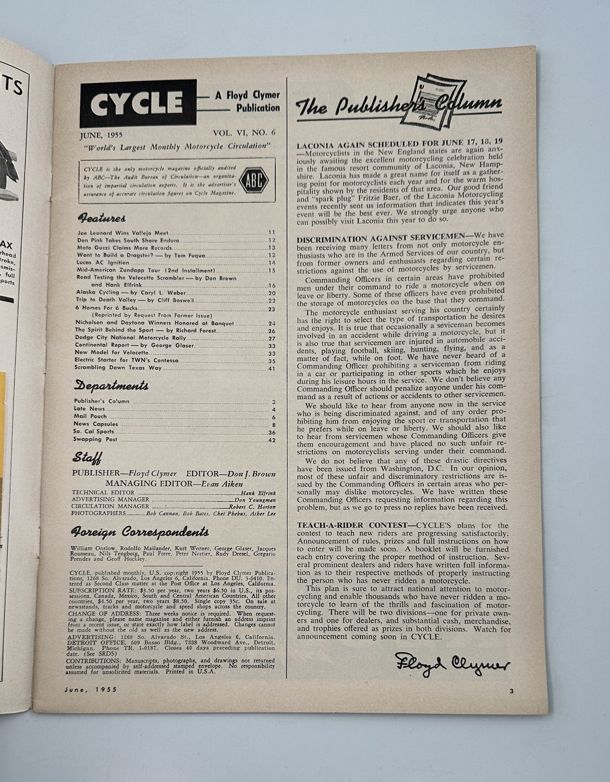 Cycle Magazine June 1955 featuring Table of Contents, editors, and publisher details, highlighting Velocette Scrambler and Moto Guzzi.