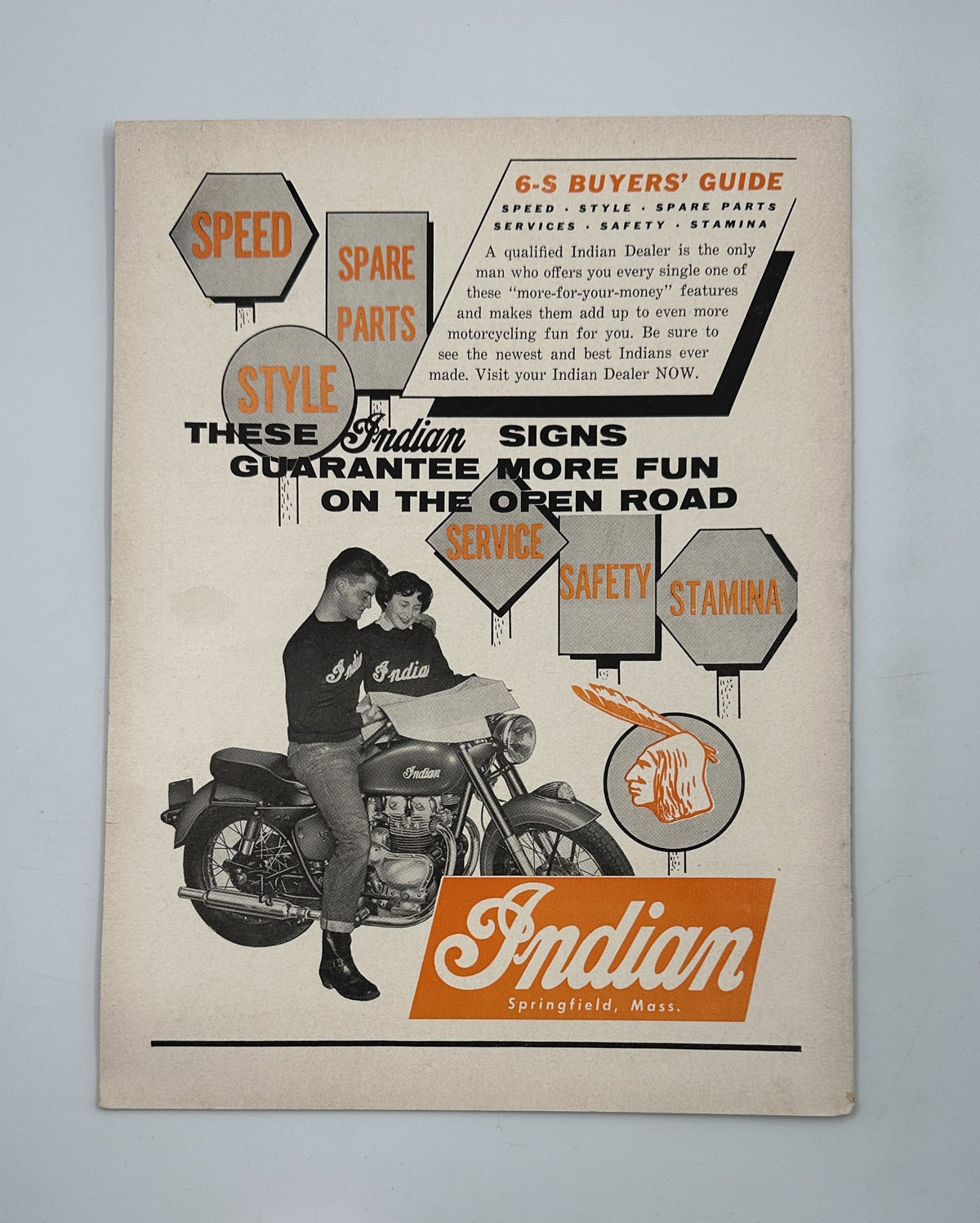Cycle Magazine June 1955 advertisement for Indian motorcycles, showcasing the importance of speed, style, and service on the open road.