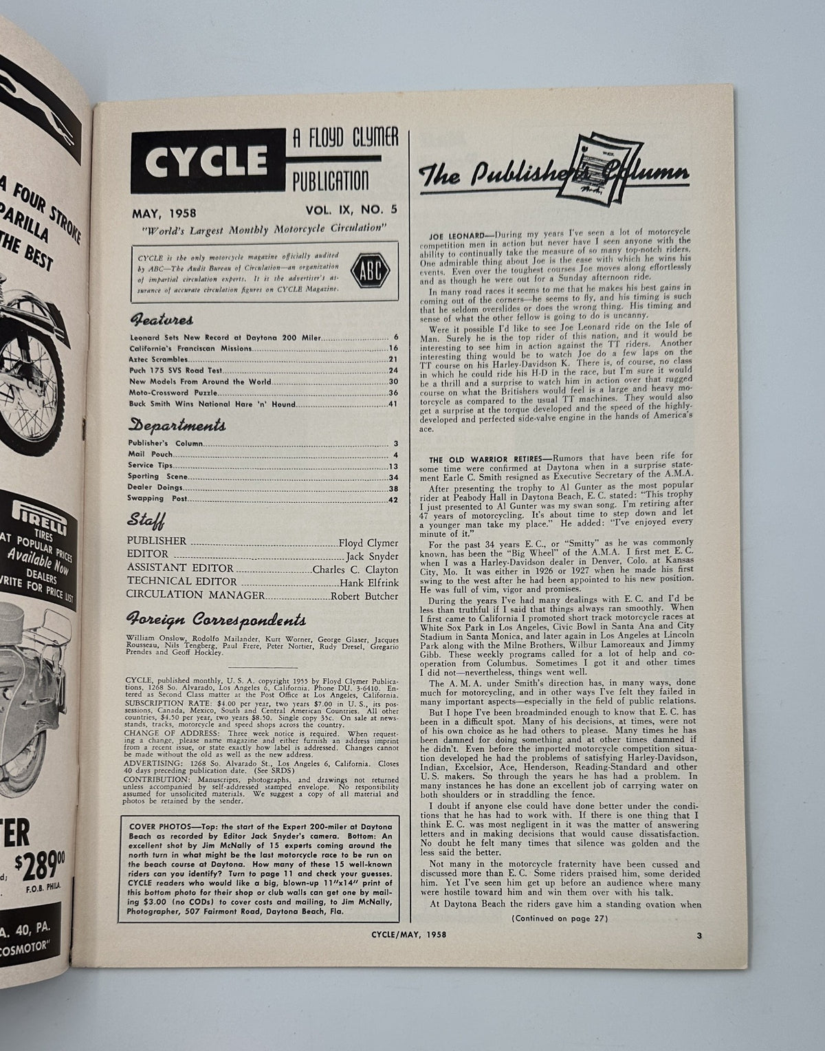 Inside page of Cycle Magazine May 1958, detailing the Publisher's column and staff information.