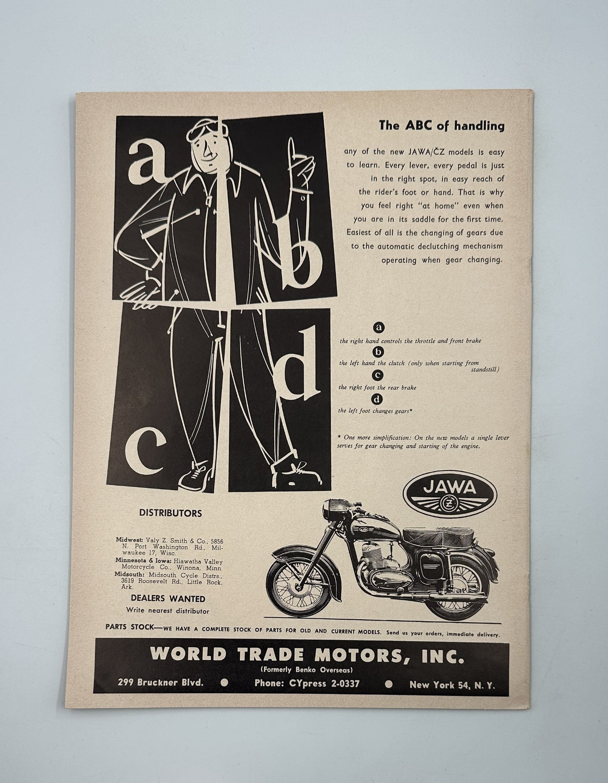 Vintage advertisement for Jawa motorcycles featuring the ABC of handling instructions, included in Cycle Magazine September 1958 Laconia San Jose Norton Cushman Road Test. Ideal for motorcycle enthusiasts and collectors of classic motorbike memorabilia.