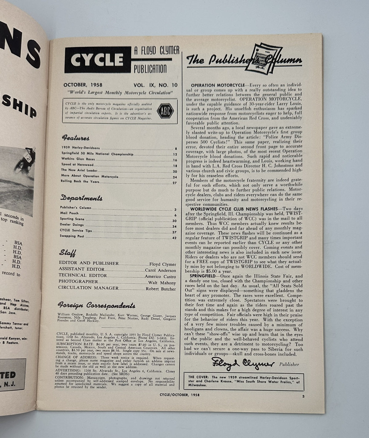 Inside page of Cycle Magazine October 1958, highlighting the editorial section and contributors associated with the publication.