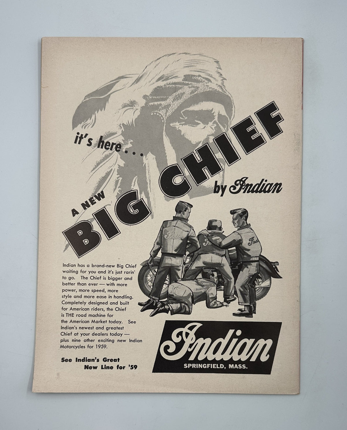 Advertisement from Cycle Magazine October 1958 for the new Big Chief motorcycle by Indian, illustrating motorcycle culture of the era.
