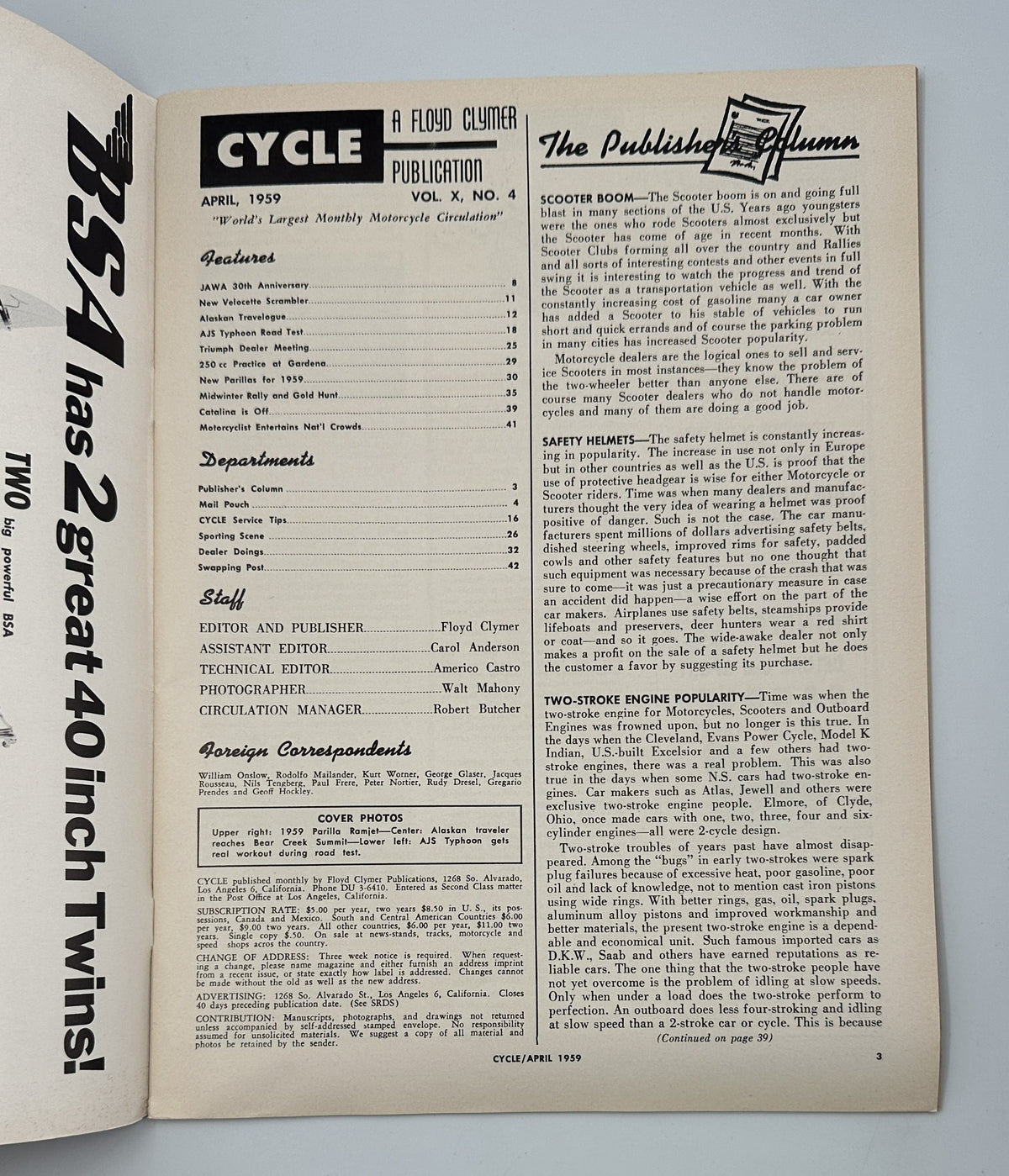 Inside page of Cycle Magazine April 1959 displaying the table of contents and publication details, including features on Jawa’s 30th Anniversary and articles by Floyd Clymer.