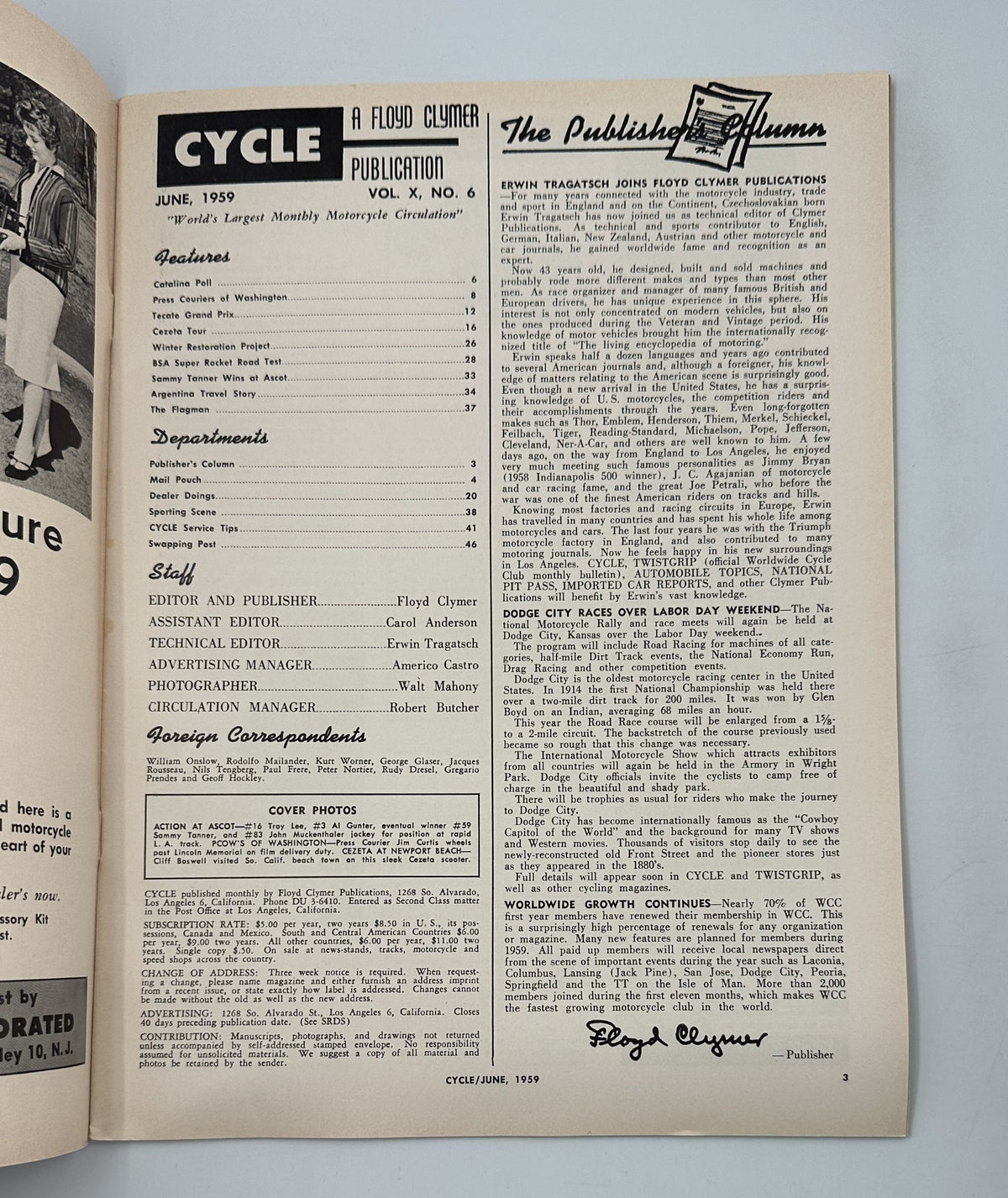 Cycle Magazine June 1959 interior page showing staff and departments with details about editorial team and correspondence.