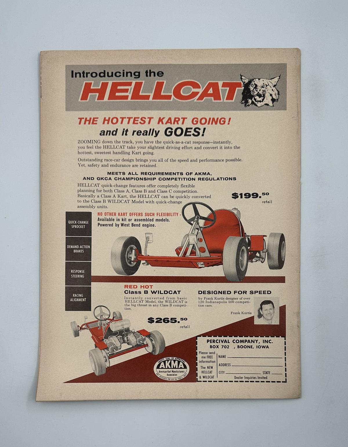 Advertisement page from Cycle Magazine November 1959 introducing the Hellcat kart, emphasizing its competitive features and settings in line with the special Dodge City issue.