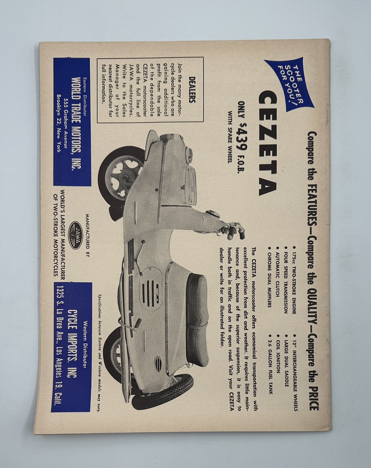 Cycle Magazine January 1960 advertisement for Cezeta, showcasing features and pricing, emphasizing quality and comparison of motorcycles.