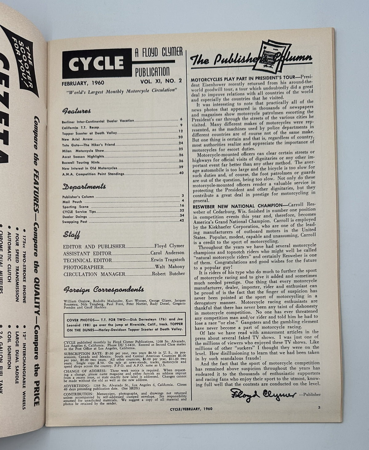 Inside page of Cycle Magazine February 1960, displaying the Table of Contents with details on features like Ascot Season Highlights and Milan Motorcycle Show.