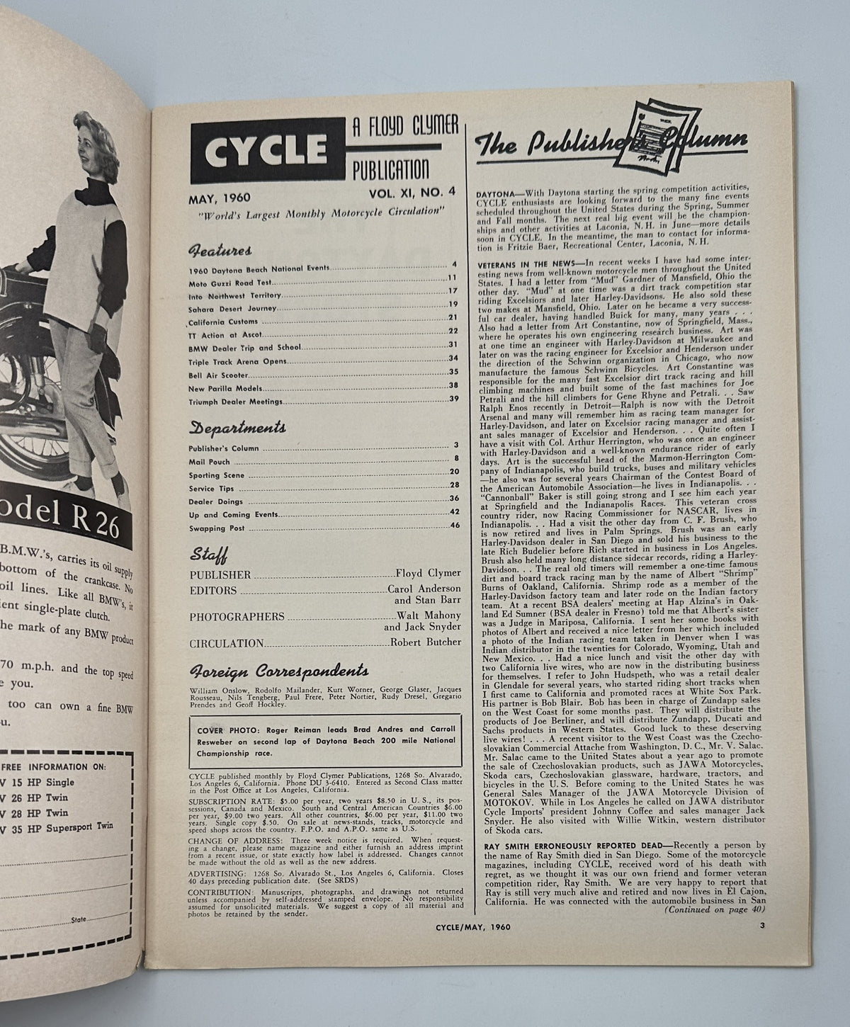 Inside page of Cycle Magazine May 1960 displaying the publication's table of contents and staff information, emphasizing its editorial team.