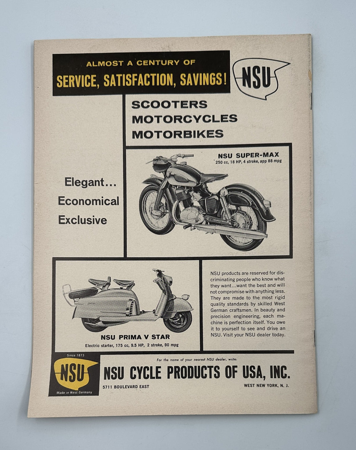 Advertisement from Cycle Magazine May 1960 showcasing NSU products, featuring scooters and motorcycles, highlighting their elegance and exclusivity.