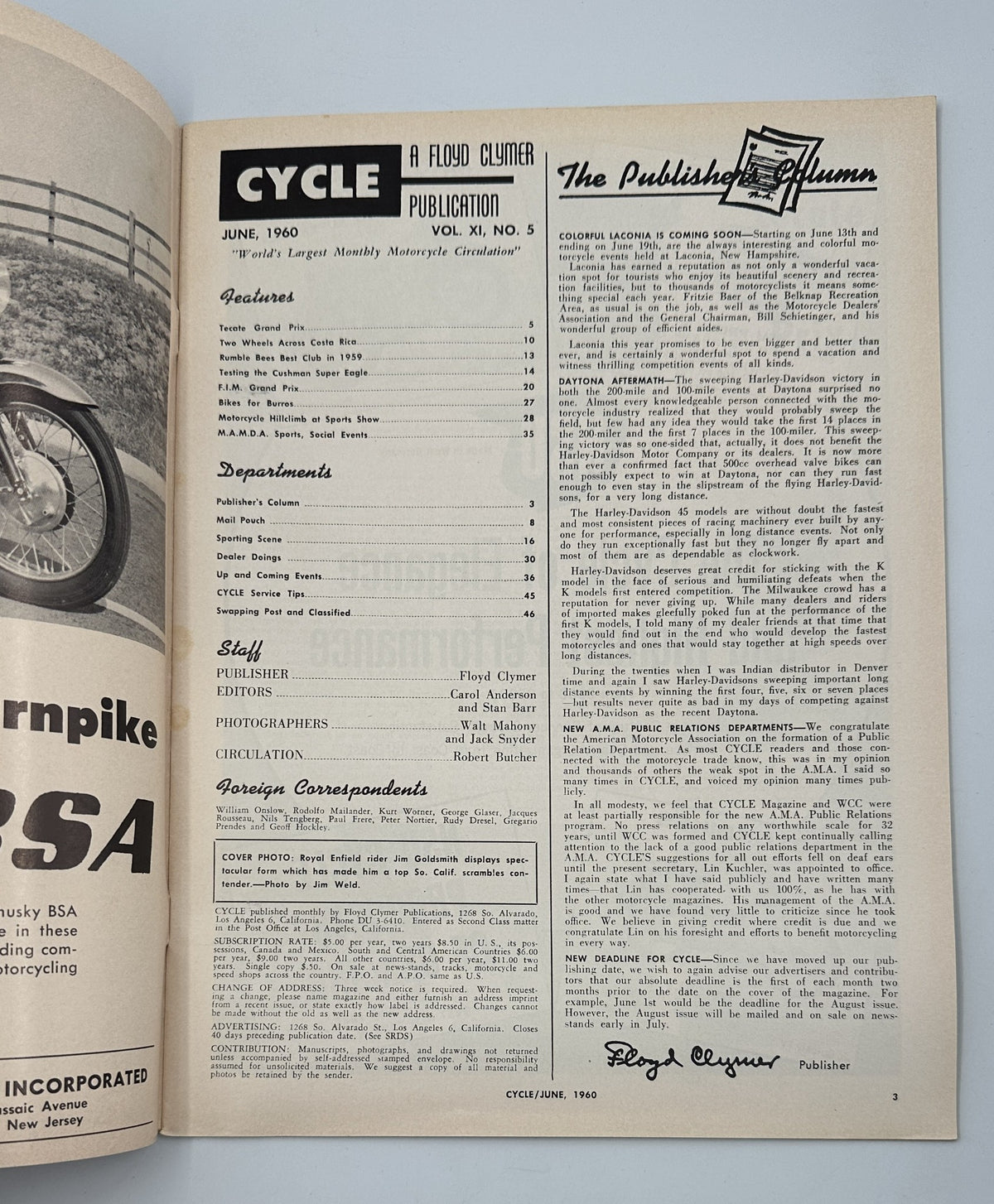 Cycle Magazine June 1960 interior page detailing the Publisher's Column and staff credits, emphasizing Floyd Clymer as the publisher.