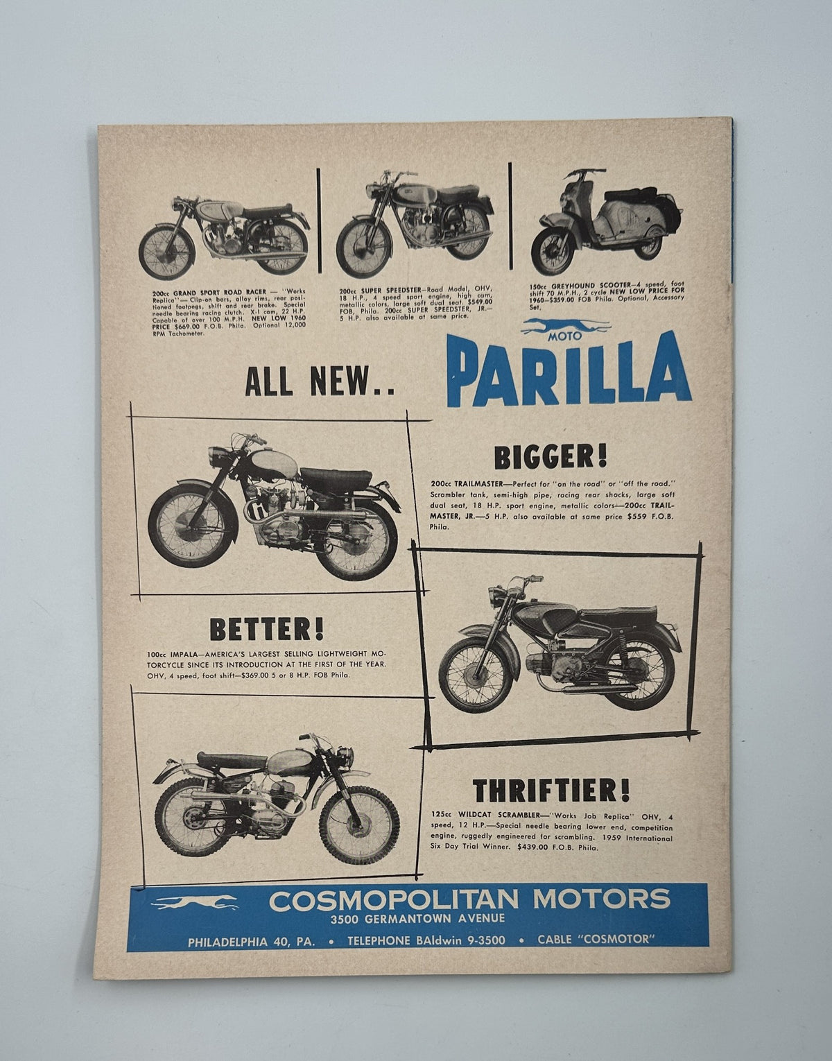 Vintage advertisement for Moto Parilla motorcycles, showcasing models with descriptions like 'All New,' 'Bigger,' 'Better,' and 'Thrifter.' Featured in Cycle Magazine June 1960 Tecate GP Cushman Super Eagle FIM Racing.