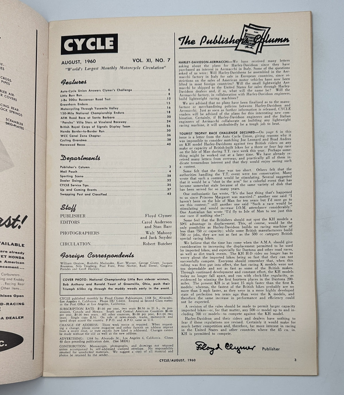 Interior page of Cycle Magazine August 1960 featuring the Table of Contents and editorial column by publisher Floyd Clymer.